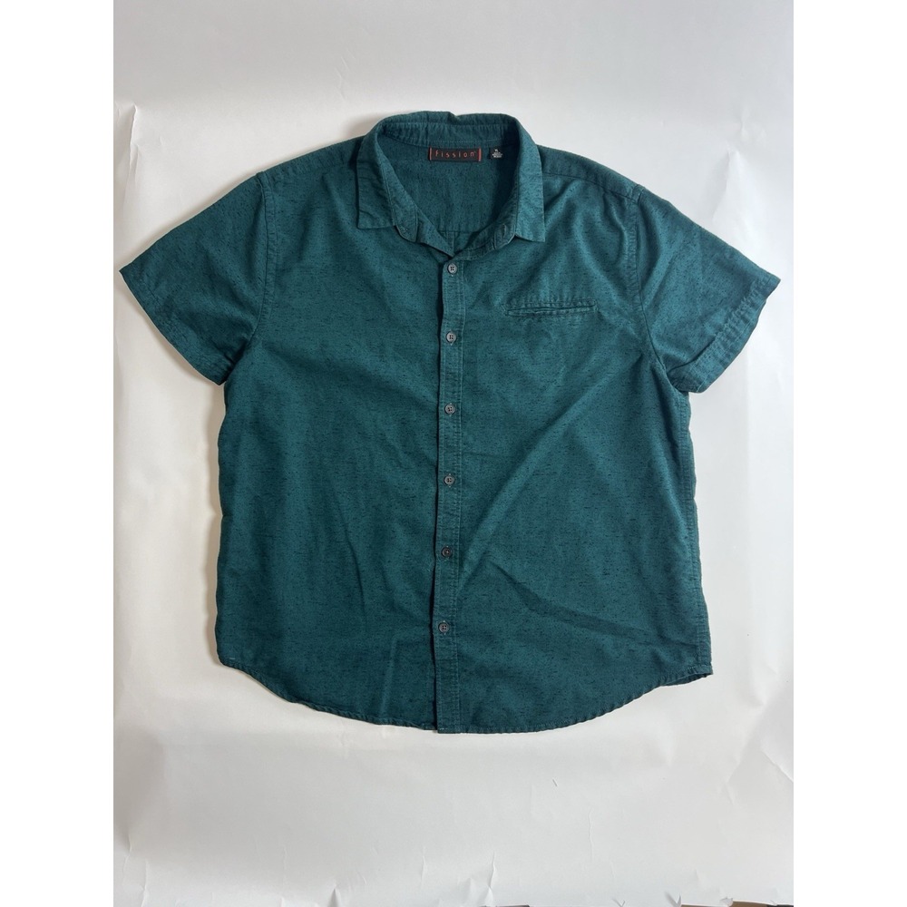 Fission Men's Green Solid Woven Cotton Blend Button-Up Shirt SS Pockets XL